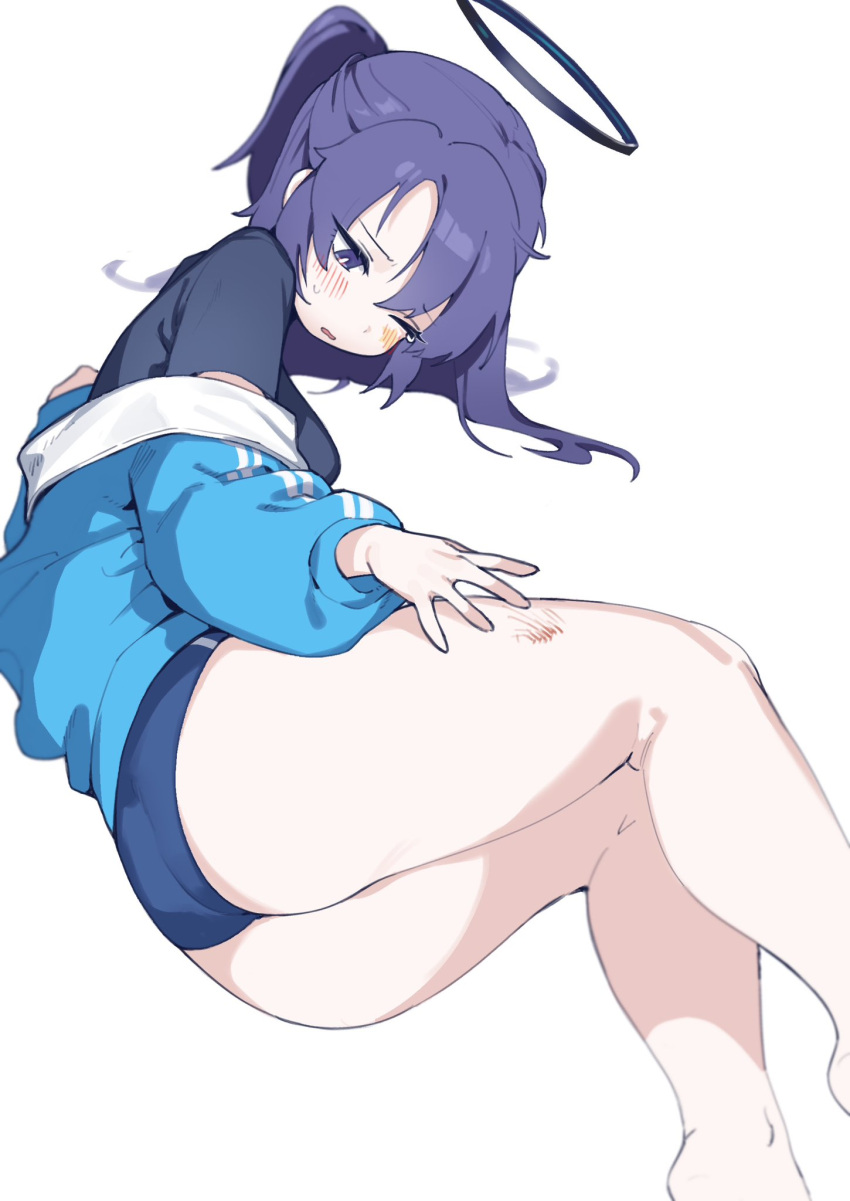 1girl aqua_jacket ass bare_legs black_shirt blue_archive blue_buruma blush breasts buruma feet_out_of_frame halo highres hufy jacket long_hair long_sleeves medium_breasts one_eye_closed open_clothes open_jacket parted_lips ponytail purple_eyes purple_hair shirt simple_background solo sweat tears thighs white_background yuuka_(blue_archive) yuuka_(track)_(blue_archive)