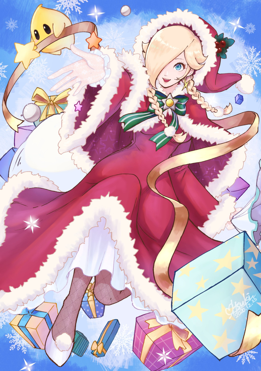 1girl :d absurdres alternate_costume alternate_hairstyle bag blonde_hair blue_eyes bow box braid brooch capelet christmas dated dress earrings fur-trimmed_capelet fur_trim gift gift_bag gift_box gloves green_bow hair_over_one_eye hat highres holding holding_bag jewelry long_sleeves luma_(mario) mario_(series) open_mouth red_capelet red_dress rosalina santa_dress santa_hat signature smile snowflakes star_(symbol) star_brooch star_earrings tsuki_(applebeniakari) twin_braids white_gloves wide_sleeves