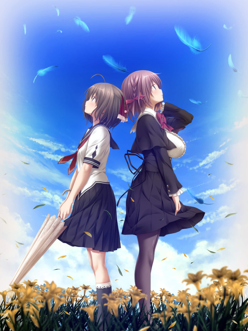 2girls absurdres amatsutsumi aoi_tori_(purple_software) back-to-back black_hair black_pantyhose black_sailor_collar black_shirt black_skirt black_socks blue_eyes breasts brown_hair company_connection crossover day feathers field flower flower_field frilled_shirt frills hair_ribbon highres holding holding_umbrella in-franchise_crossover koku large_breasts long_sleeves looking_up minazuki_hotaru_(amatsutsumi) multiple_girls neck_ribbon neckerchief official_art outdoors pantyhose pleated_skirt profile red_neckerchief red_ribbon ribbon sailor_collar school_uniform serafuku shirt short_hair skirt sky small_breasts socks umbrella umino_akari white_sailor_collar white_shirt white_umbrella wind