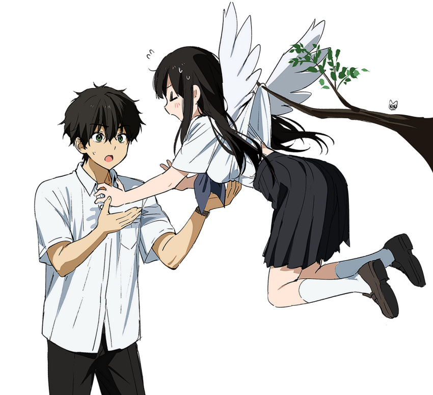 &gt;o&lt; 1boy 1girl :o artist_logo black_hair black_skirt blush branch breast_pocket breasts brown_footwear brown_hair chitanda_eru clothes_lift couple cowboy_shot green_eyes hair_between_eyes hands_up helping hetero highres hyouka kamiyama_high_school_uniform_(hyouka) kneehighs long_hair medium_breasts mery_(yangmalgage) neckerchief open_mouth oreki_houtarou pleated_skirt pocket purple_neckerchief school_uniform serafuku shirt shirt_lift short_hair short_sleeves simple_background skirt socks sweat white_background white_shirt white_socks wings