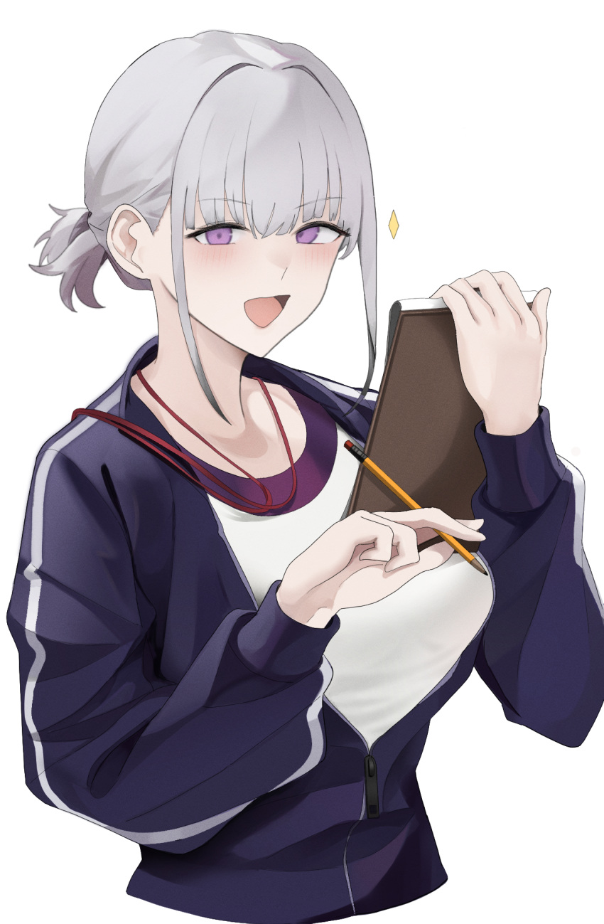 1girl :d blush breasts girls'_frontline grey_hair highres holding holding_pencil jacket looking_at_viewer open_mouth pencil ponytail purple_eyes pz-15 rpk-16_(girls'_frontline) simple_background smile solo upper_body white_background