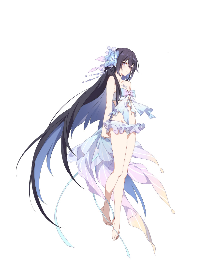 1girl absurdres arms_behind_back bare_legs barefoot blue_footwear breasts chinese_commentary closed_mouth feet flower full_body hair_between_eyes hair_flower hair_ornament highres honkai_(series) honkai_impact_3rd innertube light_smile long_hair official_art seele_vollerei seele_vollerei_(herrscher_of_rebirth) simple_background small_breasts solo swimsuit sylvia_(huajiuhuajiu) tachi-e toes very_long_hair white_background