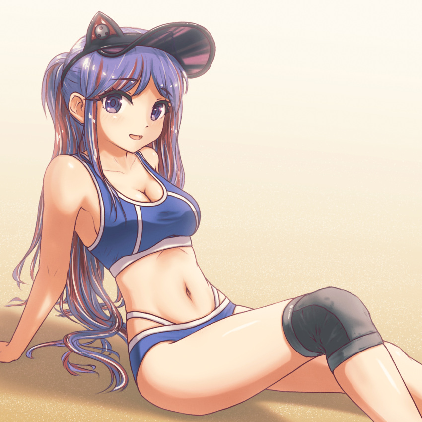 1girl absurdres arm_support bikini blue_bikini blue_eyes blue_hair breasts collarbone highres kantai_collection knee_pads long_hair looking_at_viewer medium_breasts navel official_alternate_costume official_alternate_hairstyle open_mouth ponytail red_hair sidelocks single_knee_pad sitting smile solo south_dakota_(kancolle) south_dakota_kai_(kancolle) sports_bikini swimsuit very_long_hair visor_cap vorisar white_hair