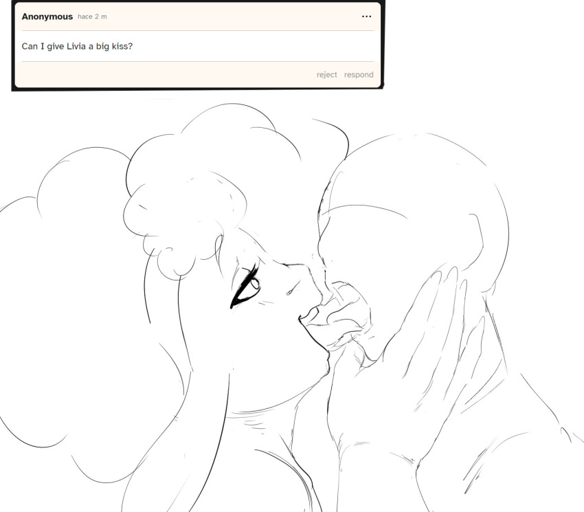 anthro ask_blog bovid caprine dreamy_pride female french_kissing hi_res human human_on_anthro interspecies kissing livia_(dreamypride) male male/female mammal mature_female monochrome sheep tongue tongue_out