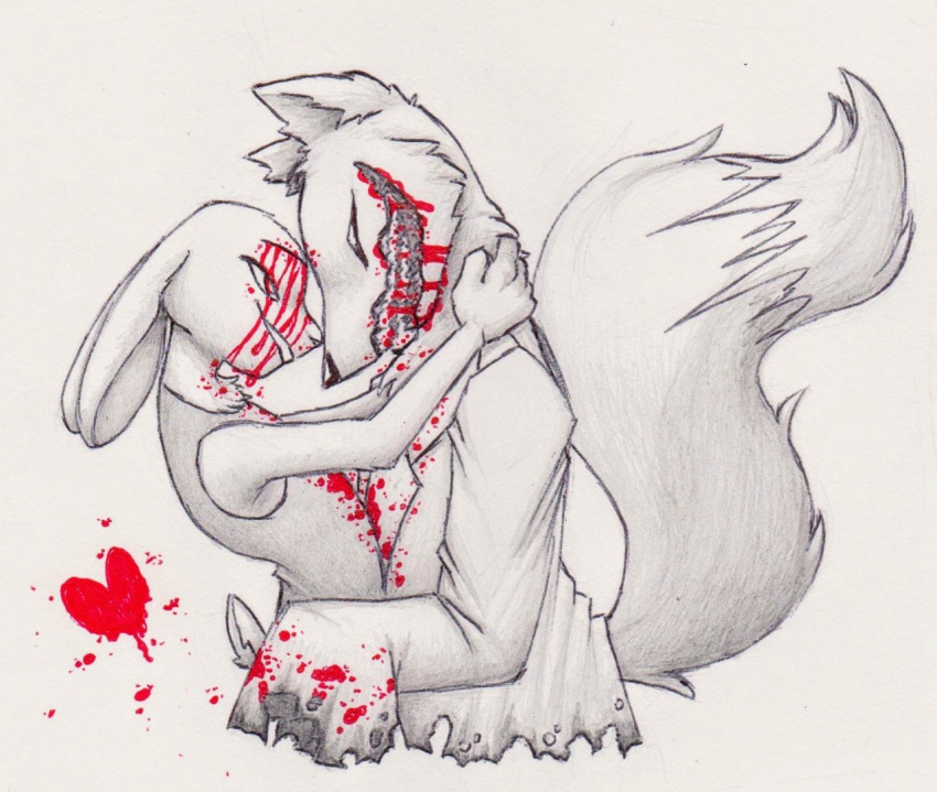 &lt;3 anthro blood blood_on_clothing blood_on_face blood_on_fur blood_on_mouth blood_splatter bodily_fluids canid canine clothing coat creepy_smile dipstick_tail duo embrace eye_contact eyes_closed female fox fur graphite_(artwork) lab_coat lagomorph leporid looking_at_another male male/female mammal markings pencil_(artwork) predator/prey pyropelove413 rabbit red_(rq) romantic romantic_couple ruby_(rq) ruby_quest simple_background smile spot_color tail tail_markings topwear torn_clothing traditional_media_(artwork) white_background