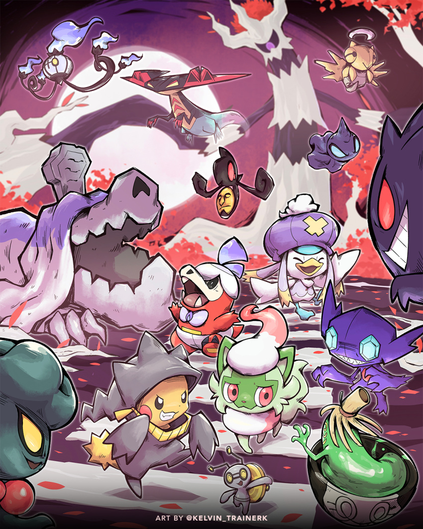 :d bright_pupils chandelure closed_eyes closed_mouth commentary dragapult fangs fuecoco gengar gimmighoul grin halloween highres houndstone kelvin-trainerk misdreavus no_humans open_mouth pikachu pink_eyes pokemon pokemon_(creature) poltchageist quaxly shedinja shuppet smile sprigatito standing teeth trevenant twitter_username walking white_pupils yamask