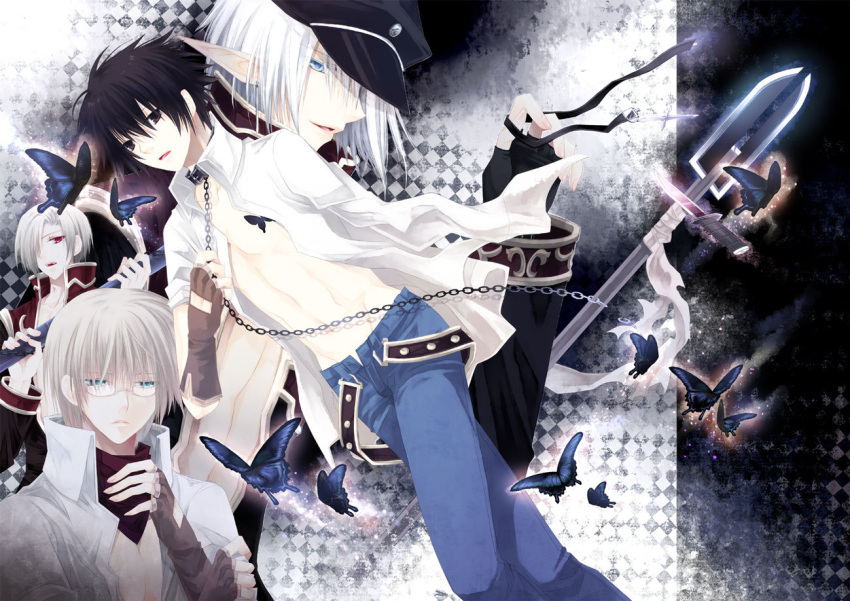 4girls bandana belt black_butterfly black_coat black_gloves black_hair blacksmith_(ragnarok_online) blonde_hair blue_eyes blue_pants brown_belt brown_eyes brown_gloves bug butterfly chain chain_leash coat commentary_request feet_out_of_frame fingerless_gloves glasses gloves hair_between_eyes hair_over_one_eye holding holding_staff leash long_bangs long_sleeves looking_at_viewer male_focus multiple_girls open_clothes open_mouth open_shirt pants pointy_ears polearm priest_(ragnarok_online) ragnarok_online red_bandana red_coat red_eyes rimless_eyewear shirt short_hair short_sleeves spear staff takamura_ryou textless_version upper_body weapon white_hair white_shirt