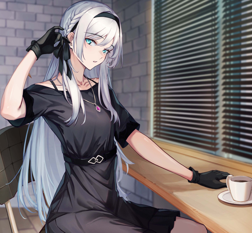 1girl 3_small_spiders absurdres adjusting_hair an-94_(girls'_frontline) an-94_(silent_rouge)_(girls'_frontline) aqua_eyes arm_up bar_(place) black_dress black_gloves black_hairband black_ribbon braid breasts coffee_cup collarbone commentary cup disposable_cup dress girls'_frontline gloves hair_ribbon hairband hand_on_table highres jewelry light_blush long_hair looking_at_viewer necklace official_alternate_costume on_chair open_mouth ribbon sitting small_breasts solo upper_body wall white_hair window