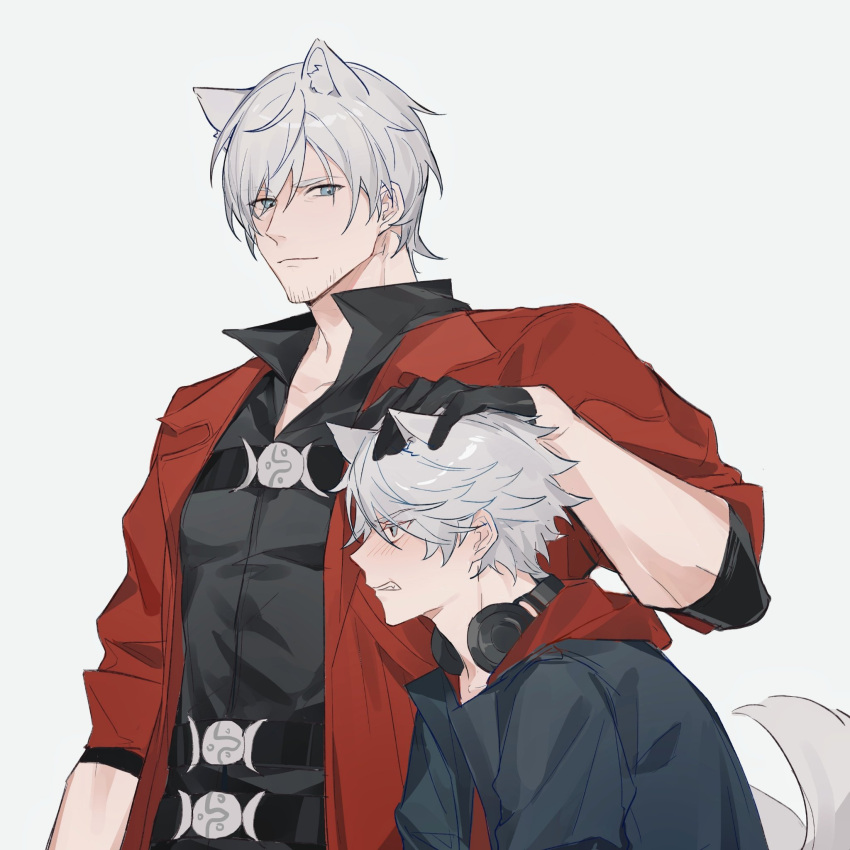 2boys animal_ears belt_bra bishounen black_gloves blue_eyes cat_boy cat_ears cat_tail coat dante_(devil_may_cry) devil_may_cry_(series) devil_may_cry_4 fingerless_gloves gloves highres jacket jin_(zhaomu_u) long_hair multiple_boys nero_(devil_may_cry) pale_skin petting red_coat tail uncle_and_nephew white_hair