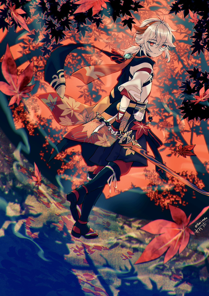 1boy bishounen full_body genshin_impact highres japanese_clothes kaedehara_kazuha katana leaf leaf_print looking_at_viewer looking_back male_focus maple_leaf maple_leaf_print maple_tree multicolored_hair red_hair scarf solo streaked_hair sumi_noth sword tree vision_(genshin_impact) weapon white_hair