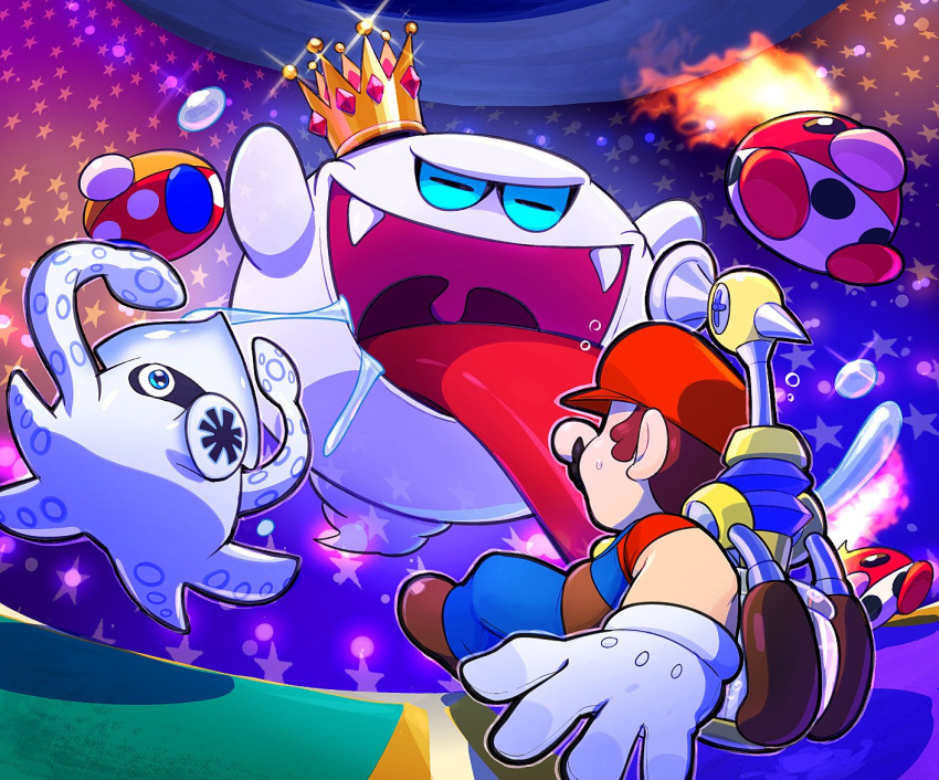 1boy blooper_(mario) blue_eyes brown_hair crown f.l.u.d.d. facial_hair fangs gloves hat horizontal_pupils hoshi_(star-name2000) king_boo male_focus mario mario_(series) mustache open_mouth red_headwear saliva sparkle star_(symbol) super_mario_sunshine tongue white_gloves