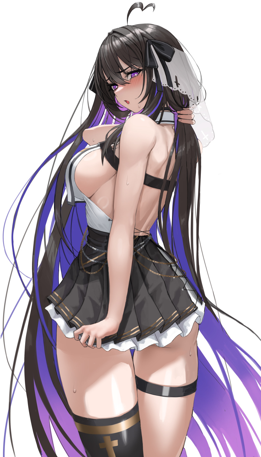 1girl absurdres ahoge arm_behind_head ass back backless_shirt bare_arms bare_back bare_shoulders black_hair black_skirt black_thighhighs blush breasts bright_pupils collared_shirt colored_inner_hair commission cowboy_shot from_behind hair_ribbon hand_up heart heart_ahoge high-waist_skirt highres holding holding_hair large_breasts long_hair looking_at_viewer looking_back median_furrow miniskirt multicolored_hair no_bra open_mouth original p-gnesium pleated_skirt purple_eyes purple_hair ribbon second-party_source shirt shoulder_blades sideboob single_thighhigh skirt sleeveless sleeveless_shirt solo standing sweat thigh_strap thighhighs thighs two-tone_hair very_long_hair white_shirt