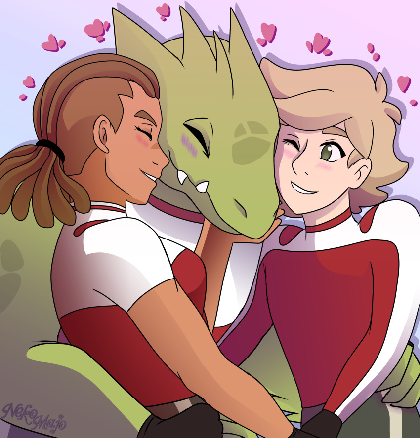 &lt;3 2021 absurd_res blush brown_hair clothing cuddling digital_drawing_(artwork) digital_media_(artwork) dreadlocks eyes_closed female green_body green_eyes green_skin group hair hand_on_butt hi_res holding_butt holidays human interspecies kyle_(she-ra) light_blush lizard lonnie_(she-ra) male mammal masters_of_the_universe mattel mouth_closed nekomajo netflix one_eye_closed polyamory purple_blush reptile rogelio romantic romantic_couple scalie sharp_teeth she-ra_and_the_princesses_of_power signature smile teeth throuple trio uniform valentine's valentine's_day