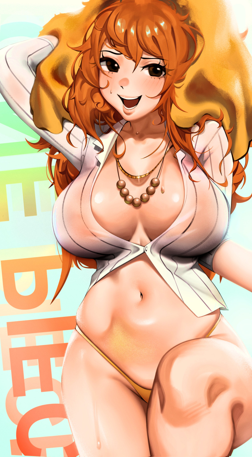 1girl :d absurdres bikini bikini_bottom_only blush breasts brown_hair character_request check_character highres jewelry kevbot large_breasts lips long_hair messy_hair nami_(one_piece) navel necklace no_bra one_piece open_mouth orange_hair smile solo stomach swimsuit
