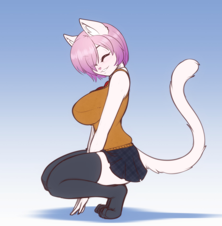 absurd_res anthro big_breasts blush breasts clothing crouching domestic_cat eye_through_hair eyes_closed felid feline felis female furgonomics hair hi_res huge_breasts legwear mammal necktie school_uniform scorpdk smile solo tail_through_skirt thigh_highs translucent translucent_hair uniform