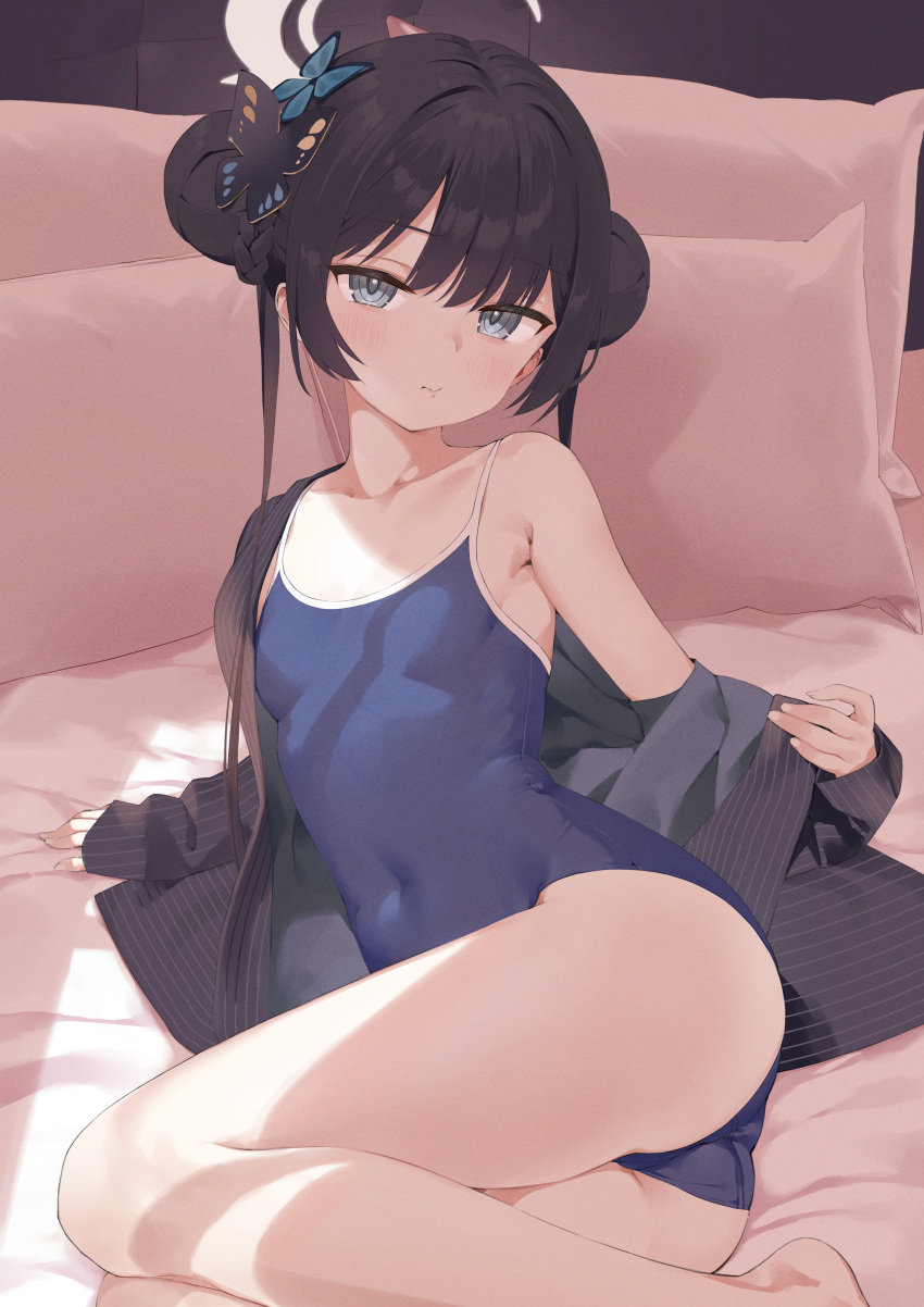 1girl absurdres ass barefoot black_hair blue_archive blue_one-piece_swimsuit blush braid braided_bun breasts butterfly_hair_ornament closed_mouth coat collarbone covered_navel double_bun grey_coat grey_eyes hair_bun hair_ornament halo highres kisaki_(blue_archive) long_hair long_sleeves looking_at_viewer on_bed one-piece_swimsuit pillow pinstripe_pattern school_swimsuit small_breasts solo striped swimsuit twintails vertical-striped_coat yoyoshi_renga