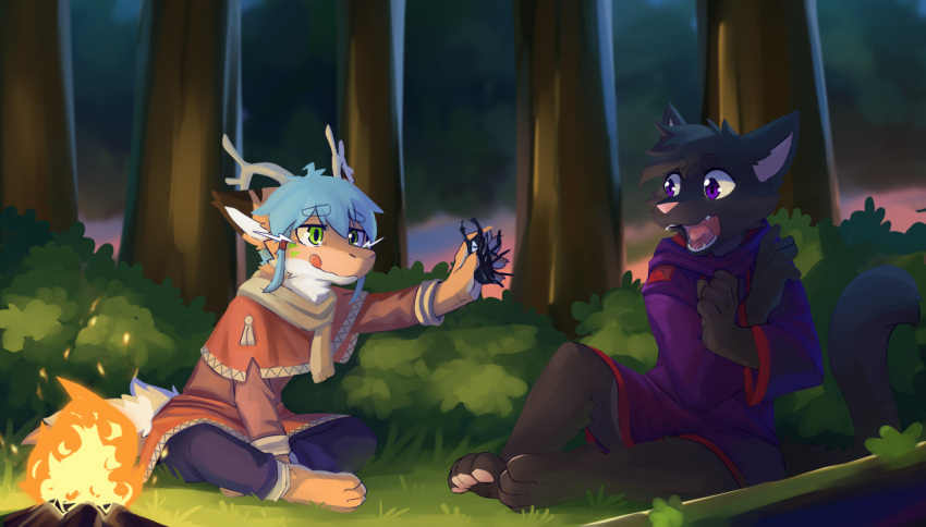 anthro blue_hair campfire clothed clothing dragon duo eyebrow_through_hair eyebrows fangs felid fur furred_dragon glistening glistening_eyes green_eyes grey_body grey_fur grey_hair hair kuttoyaki licking licking_lips licking_own_lips mammal narrowed_eyes open_mouth orange_body orange_fur outside plant purple_clothing purple_eyes purple_topwear short_hair shrub sitting teeth tongue tongue_out topwear translucent translucent_hair tree white_body white_fur