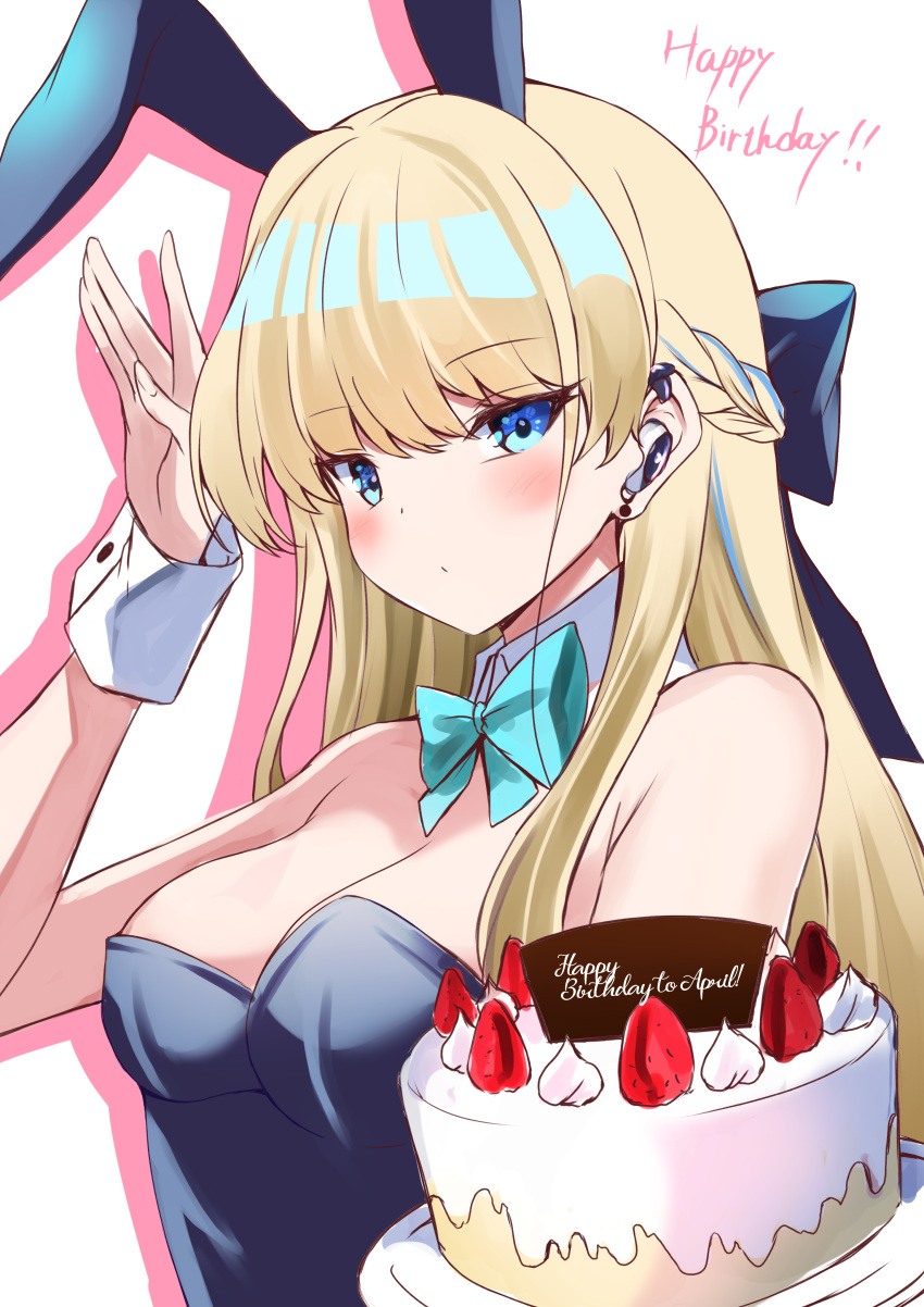 1girl absurdres animal_ears aqua_bow aqua_bowtie bare_shoulders blonde_hair blue_archive blue_bow blue_eyes blue_hair blue_leotard blush bow bowtie breasts cake cleavage detached_collar fake_animal_ears food fruit hair_bow hand_up happy_birthday highres leotard long_hair looking_at_viewer medium_breasts multicolored_hair official_alternate_costume playboy_bunny rabbit_ears shibakame simple_background strawberry toki_(blue_archive) toki_(bunny)_(blue_archive) two-tone_hair upper_body white_background