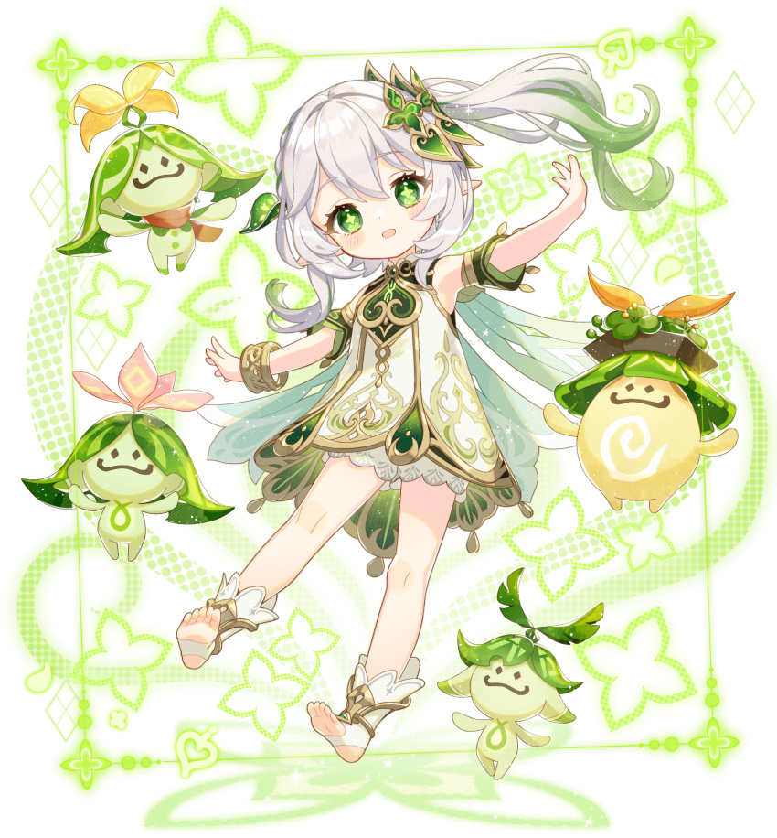 1girl 4others absurdres aranara_(genshin_impact) blonde_hair bloomers blush border bracelet commentary_request cross-shaped_pupils dress female_child flower full_body genshin_impact gradient_hair green_eyes green_hair hair_ornament highres jewelry leaf_hair_ornament looking_at_viewer multicolored_hair multiple_others nahida_(genshin_impact) open_mouth outstretched_arms pointy_ears shuu@maihikuboshuchu side_ponytail simple_background smile spread_arms stirrup_footwear symbol-shaped_pupils underwear white_background white_bloomers white_dress white_hair