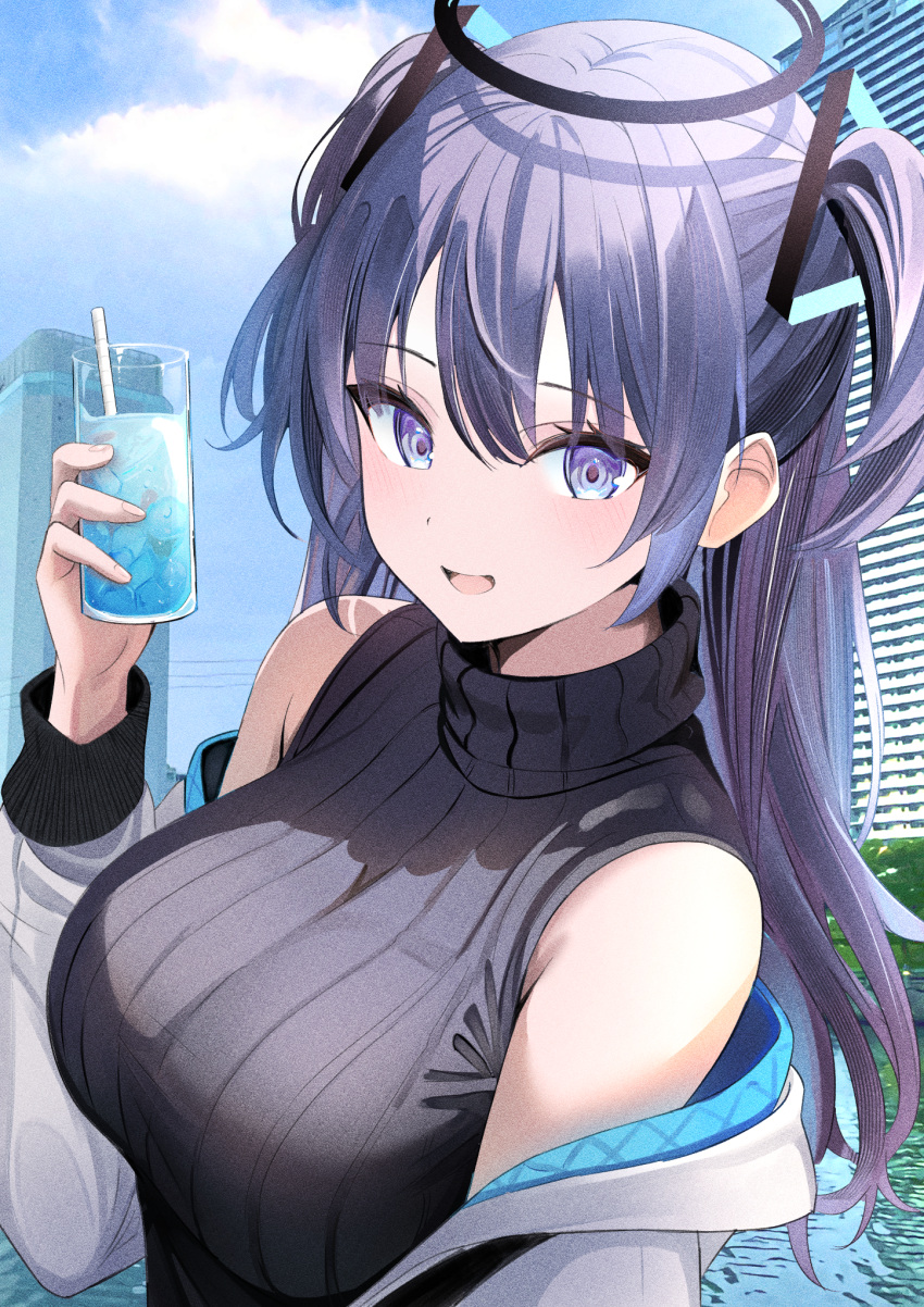 1girl alternate_costume bare_shoulders black_halo black_sweater blue_archive blue_eyes blue_hair blue_sky breasts building commentary cup drinking_glass hair_between_eyes halo highres holding holding_cup jacket large_breasts long_hair looking_at_viewer off_shoulder open_mouth outdoors ribbed_sweater sky smile solo sweater touyou_(39kir) triangle_hair_ornament turtleneck turtleneck_sweater two_side_up upper_body white_jacket yuuka_(blue_archive)