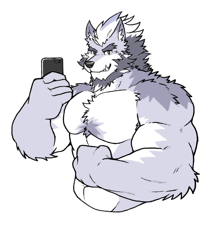 2023 abs absurd_res anthro armpit_hair beard biceps body_hair bracelet canid canine canis cellphone chest_tuft collar deltoids facial_hair fangs flexing_bicep fur hair hi_res holding_object holding_phone jewelry looking_at_viewer male mammal muscular muscular_anthro muscular_male pecs phone pkdreem purple_body purple_fur selfie smartphone solo spiked_bracelet spiked_collar spikes teeth triceps tuft white_body white_fur white_hair wolf zeke_(pkdreem)