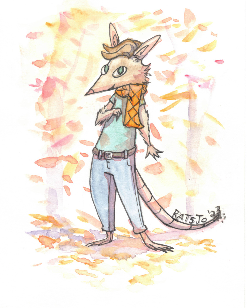 absurd_res anthro barefoot blonde_hair brush_(here2express) clothed clothing colored confident dominant dominant_male feet fur hair happy here2express hi_res looking_at_viewer male mammal murid murine rat rodent scarf smile solo tail traditional_media_(artwork) well_dressed