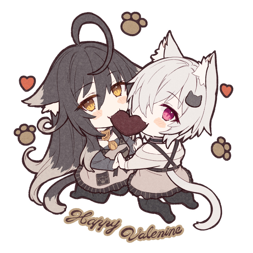 2girls absurdres animal_ear_fluff animal_ears black_hair candy cat_ears cat_tail chocolate food food_in_mouth full_body hair_over_one_eye hasumi_(hasubatake39) heart heart-shaped_chocolate highres kneeling kuon_(hasumi_(hasubatake39)) long_hair mouth_hold multicolored_hair multiple_girls original pink_eyes setsuna_(hasumi_(hasubatake39)) shared_food simple_background streaked_hair tail very_long_hair white_background white_hair yellow_eyes