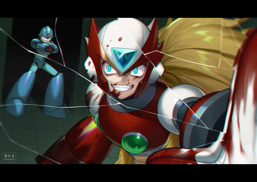 2boys android arm_cannon blonde_hair blood blood_on_face blood_on_hands blue_eyes broken_screen buzzsaw_(6631455) clenched_teeth commentary_request evil_smile full_body green_eyes helmet highres long_hair male_focus mega_man_(series) mega_man_x_(series) multiple_boys pov smile teeth weapon x_(mega_man) zero_(mega_man)