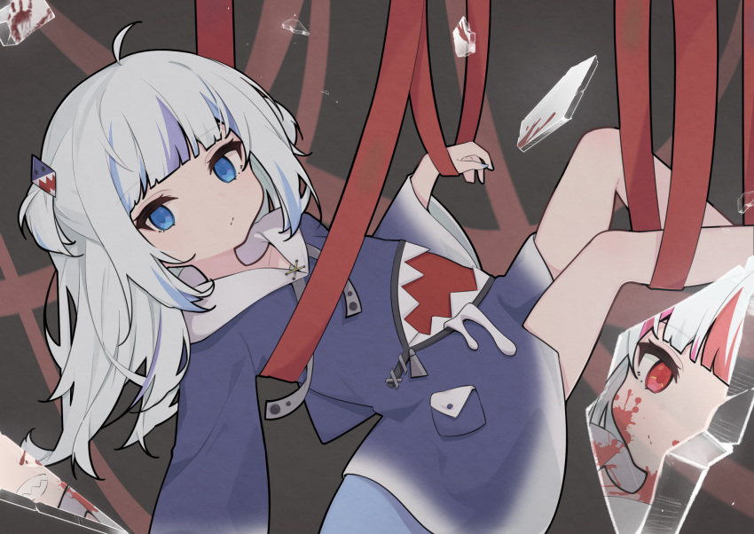 1girl ahoge blood blood_on_face blue_eyes blue_hair blunt_bangs broken_glass cp2980606 gawr_gura glass glass_shards grin hair_ornament hanging highres hololive hololive_english long_sleeves looking_at_viewer multicolored_hair red_eyes red_hair red_ribbon reflect_(gawr_gura) reflection ribbon shark_hair_ornament sharp_teeth smile streaked_hair teeth two_side_up virtual_youtuber white_hair