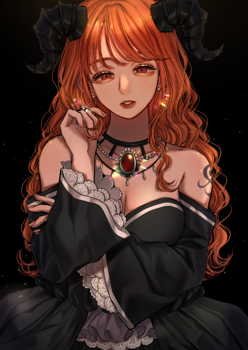 1girl absurdres black_background black_dress breasts cleavage dress earrings fake_horns frilled_dress frills gem highres horns jewelry large_breasts long_hair looking_at_viewer nami_(one_piece) norimaki_(seidan0611) one_piece orange_hair red_gemstone red_lips simple_background solo tattoo teeth wavy_hair