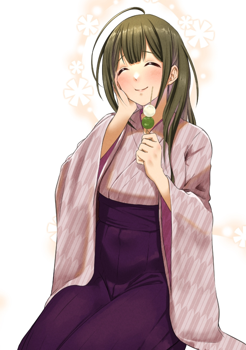 1girl ^_^ ahoge blush breasts brown_hair closed_eyes closed_mouth dango eating floral_background food hair_over_shoulder hakama hakama_skirt hand_on_own_cheek hand_on_own_face hands_up happy highres idolmaster idolmaster_shiny_colors japanese_clothes kaiso_(kaisooekaki) kimono kuwayama_chiyuki large_breasts long_hair long_sleeves pink_kimono purple_skirt sanshoku_dango sitting skirt solo wagashi white_background wide_sleeves