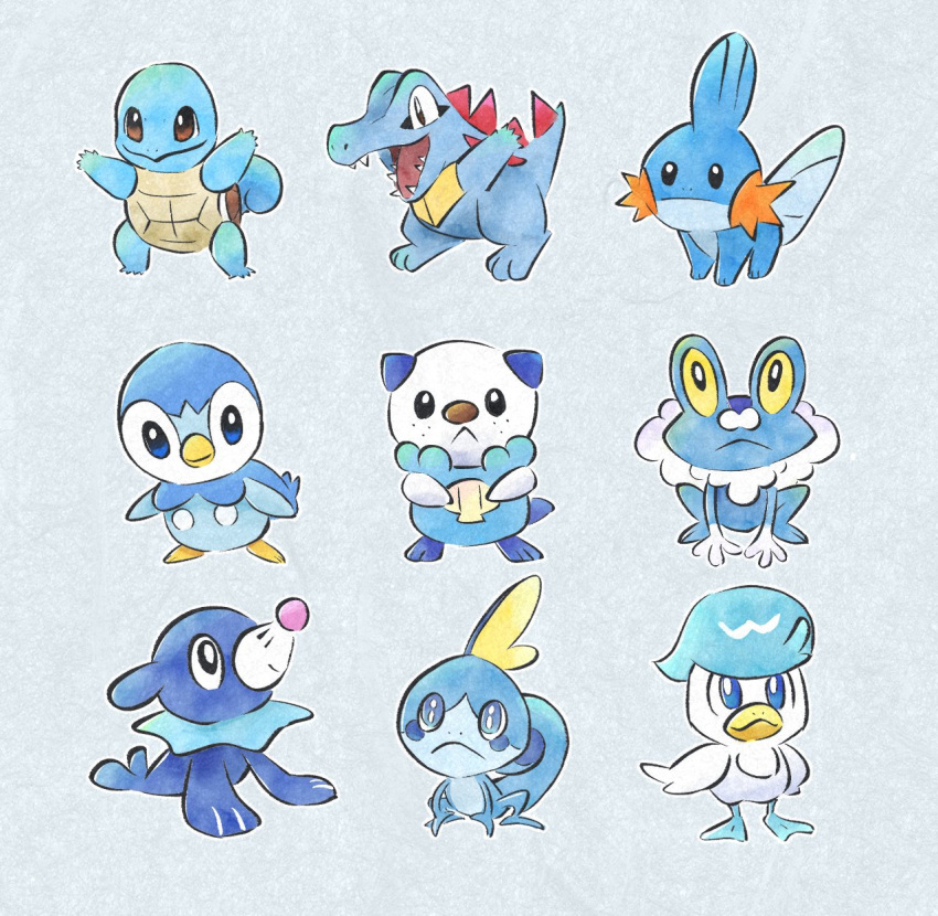 animal_focus beak bird black_eyes blue_eyes brown_eyes colored_sclera colored_skin commentary_request crocodilian duck fangs fins freckles froakie frog frown head_fins highres metikyun mudkip no_humans open_mouth oshawott penguin piplup pokemon pokemon_(creature) popplio quaxly shell simple_background snout sobble squirtle totodile trait_connection turtle white_background white_skin yellow_sclera