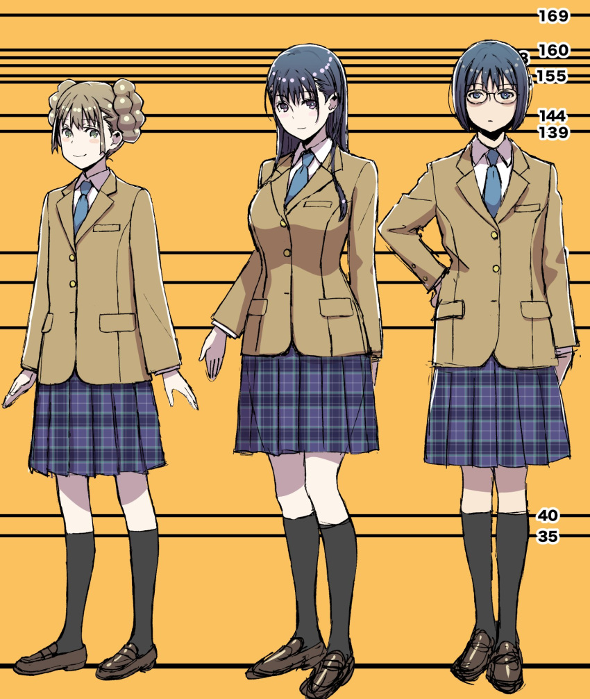 3girls black_eyes black_hair black_socks blue_necktie bou braid braided_bun brown_hair brown_jacket character_request commentary_request double_bun fuu-chan_(fuu-chan_no_ana) fuu-chan_no_ana glasses green_eyes hair_bun hand_on_own_hip height_chart highres jacket kneehighs loafers long_hair medium_skirt multiple_girls necktie plaid plaid_skirt school_uniform shoes short_hair sidelocks skirt socks unmoving_pattern