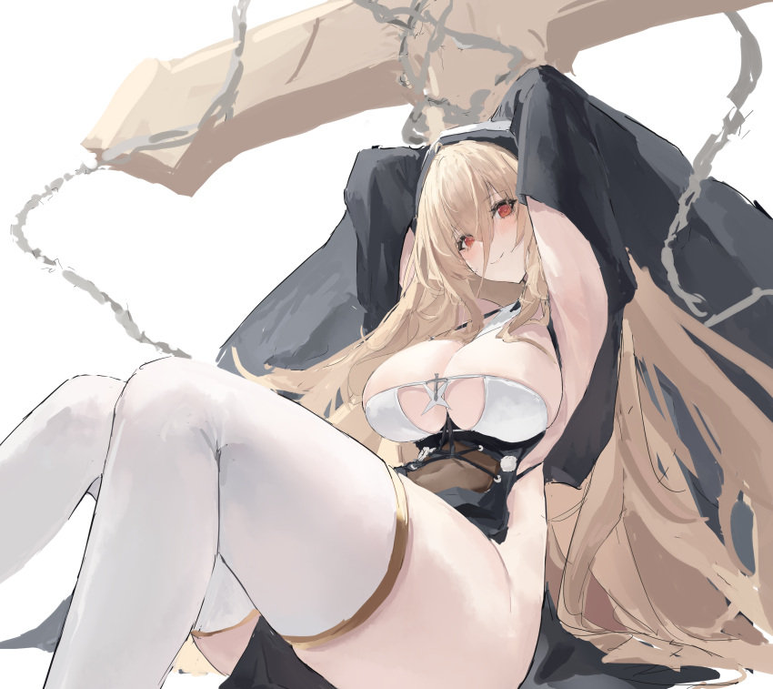 1girl absurdres armpits arms_behind_head arms_up azur_lane blonde_hair blush breasts chain cross feet_out_of_frame gold_trim habit hair_between_eyes highres implacable_(azur_lane) large_breasts long_hair looking_at_viewer lump_saury no_panties nun pelvic_curtain red_eyes sitting smile solo thighhighs thighs very_long_hair white_background white_thighhighs