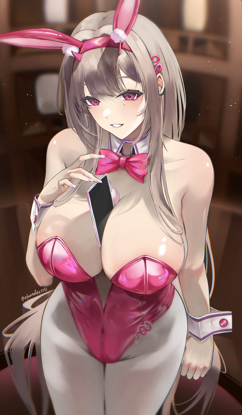 1girl absurdres animal_ears bare_shoulders blush bow bowtie breasts cellphone cleavage detached_collar elvandec fake_animal_ears goddess_of_victory:_nikke highres horns large_breasts leotard light_brown_hair long_hair looking_at_viewer pantyhose phone pink_eyes pink_leotard playboy_bunny rabbit_ears smile solo strapless strapless_leotard viper_(nikke) viper_(toxic_rabbit)_(nikke) wrist_cuffs