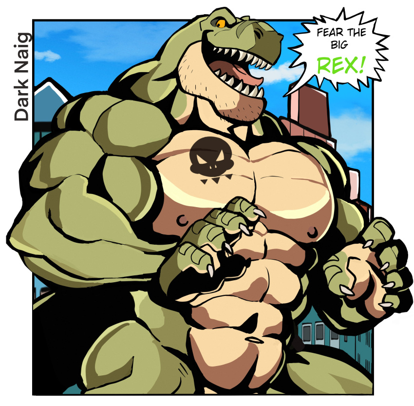 abs absurd_res anthro beard biceps claws darknaigart dialogue dinosaur facial_hair green_eyes hi_res jace_(darknaig) looking_down macro male muscular muscular_anthro muscular_male nipples pecs reptile scalie shaved solo tattoo teeth theropod tongue tyrannosaurid tyrannosaurus tyrannosaurus_rex yellow_eyes