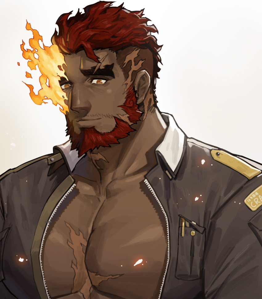 1boy bara beard brown_eyes closed_mouth commentary_request dark-skinned_male dark_skin embers eyebrow_cut facial_hair fire flaming_eye hephaestus_(housamo) highres jin_(sirius-j) large_pectorals male_focus mature_male muscular muscular_male pectorals red_hair scar scar_on_chest scar_on_head short_hair simple_background smile solo thick_eyebrows tokyo_afterschool_summoners unzipped upper_body white_background