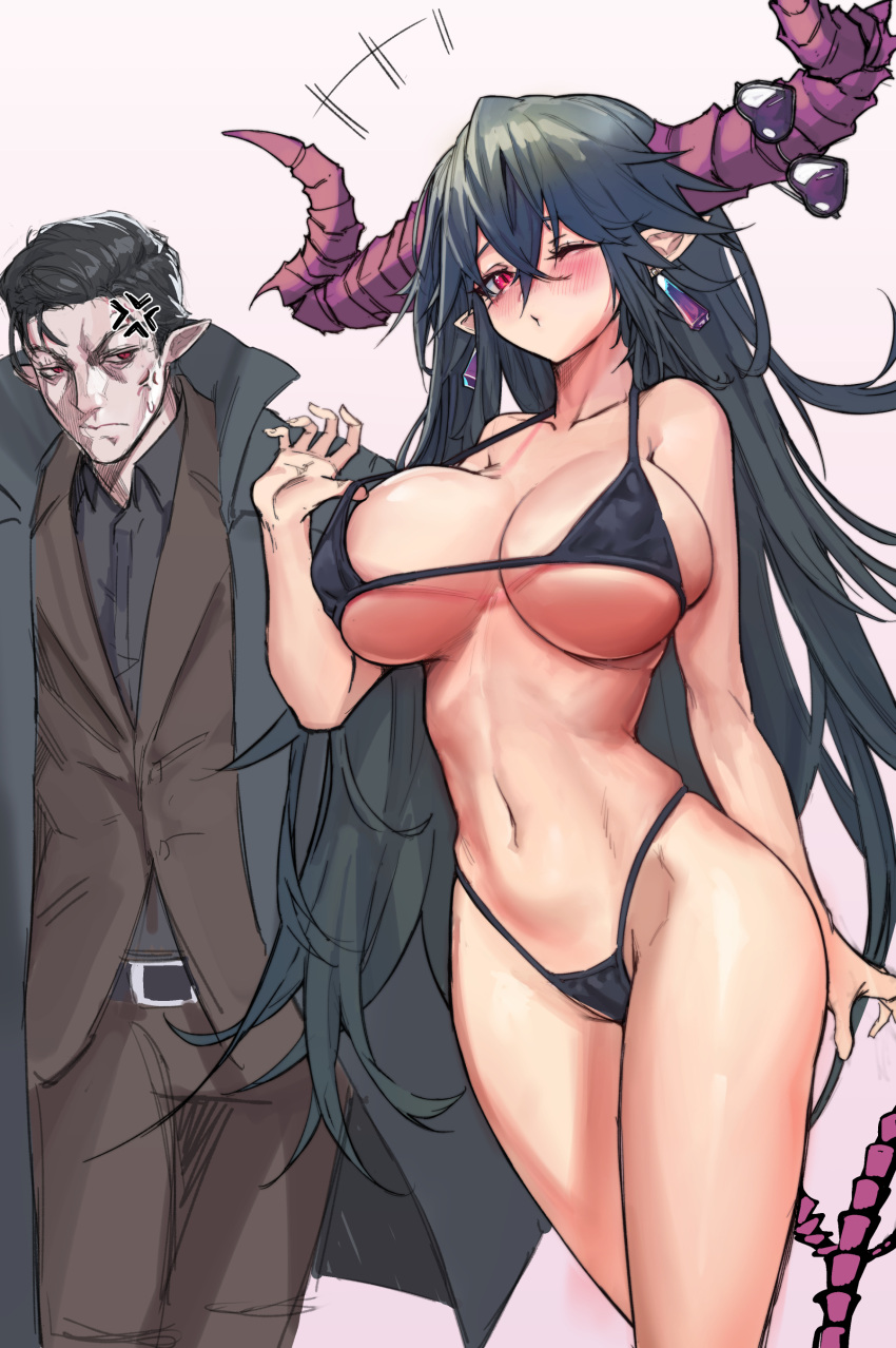 1boy 1girl absurdres angry bikini black_coat black_hair bra breasts brown_suit character_request closed_mouth coat damn_reincarnation earrings hand_in_bra heart heart-shaped_eyewear highres horns jewelry large_breasts long_hair noir_giabella_(damn_reincarnation) novel_illustration official_art one_eye_closed pink_background purple_eyes red_eyes single_horn suit swimsuit tail underwear