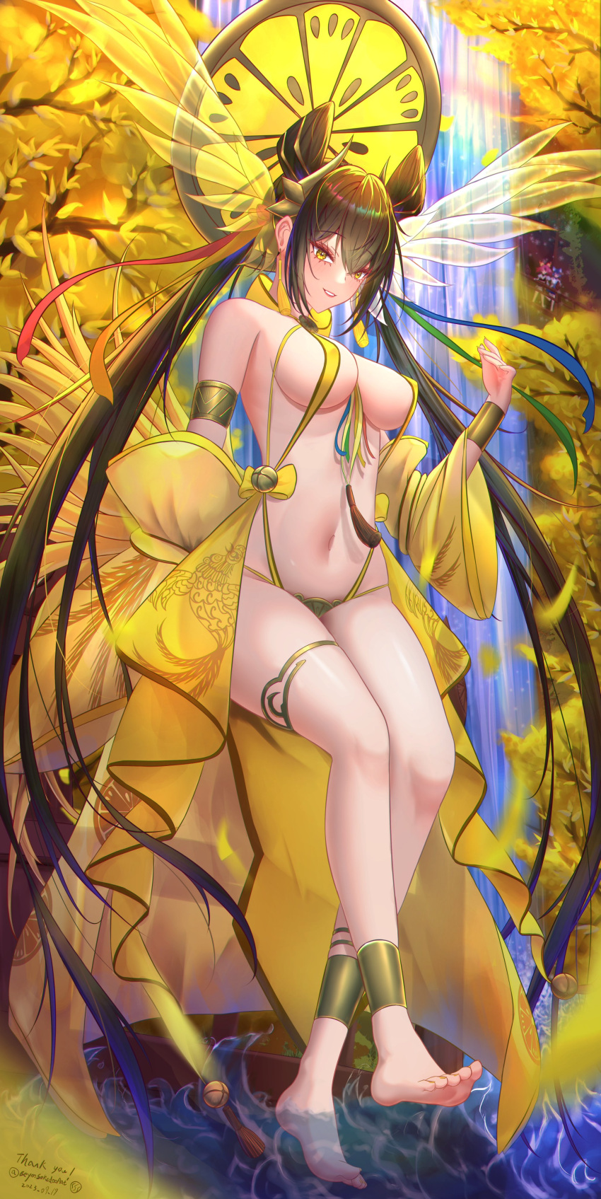 1girl absurdly_long_hair absurdres adapted_costume angel angel_wings barefoot bikini black_hair breasts detached_sleeves double_bun duel_monster eeyoosekedooaat full_body gold_bikini hair_bun halo head_wings highres large_breasts long_hair looking_at_viewer micro_bikini navel ohime_the_manifested_mikanko sitting slingshot_swimsuit smile solo swimsuit tree twintails very_long_hair water waterfall wings yellow_eyes yu-gi-oh!