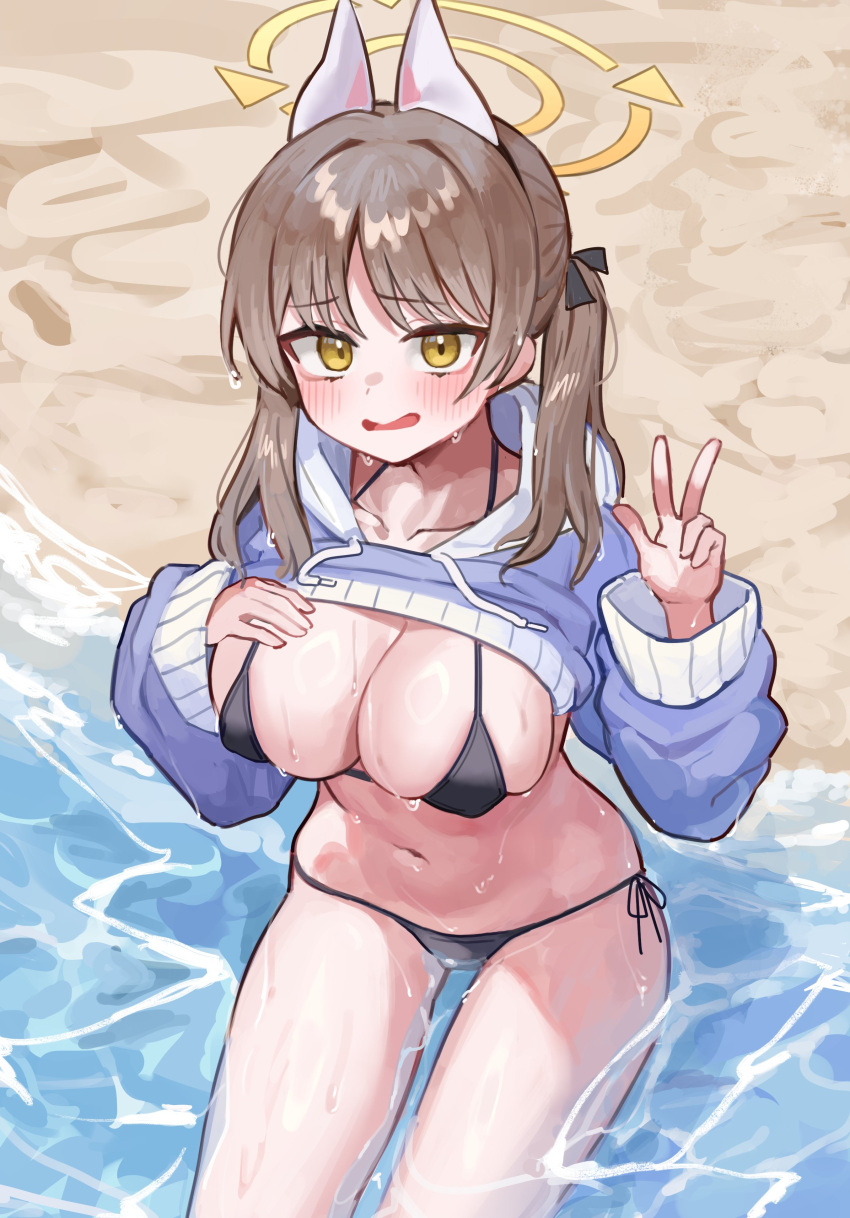 1girl absurdres beach bikini black_bikini black_ribbon blue_archive blue_hoodie blush breasts brown_hair choppy_bangs cleavage clothes_lift commentary cropped_hoodie embarrassed from_above hair_intakes hair_ribbon halo hand_on_own_chest hand_up highres hood hood_down hoodie large_breasts lifted_by_self long_sleeves looking_at_viewer micro_bikini moe_(blue_archive) moe_(swimsuit)_(blue_archive) navel nervous_smile ocean outdoors pocari_(sq551) puffy_long_sleeves puffy_sleeves ribbon sand shallow_water shirt_lift side-tie_bikini_bottom sitting smile stomach swimsuit thick_thighs thighs twintails v water wavy_mouth yellow_eyes yellow_halo