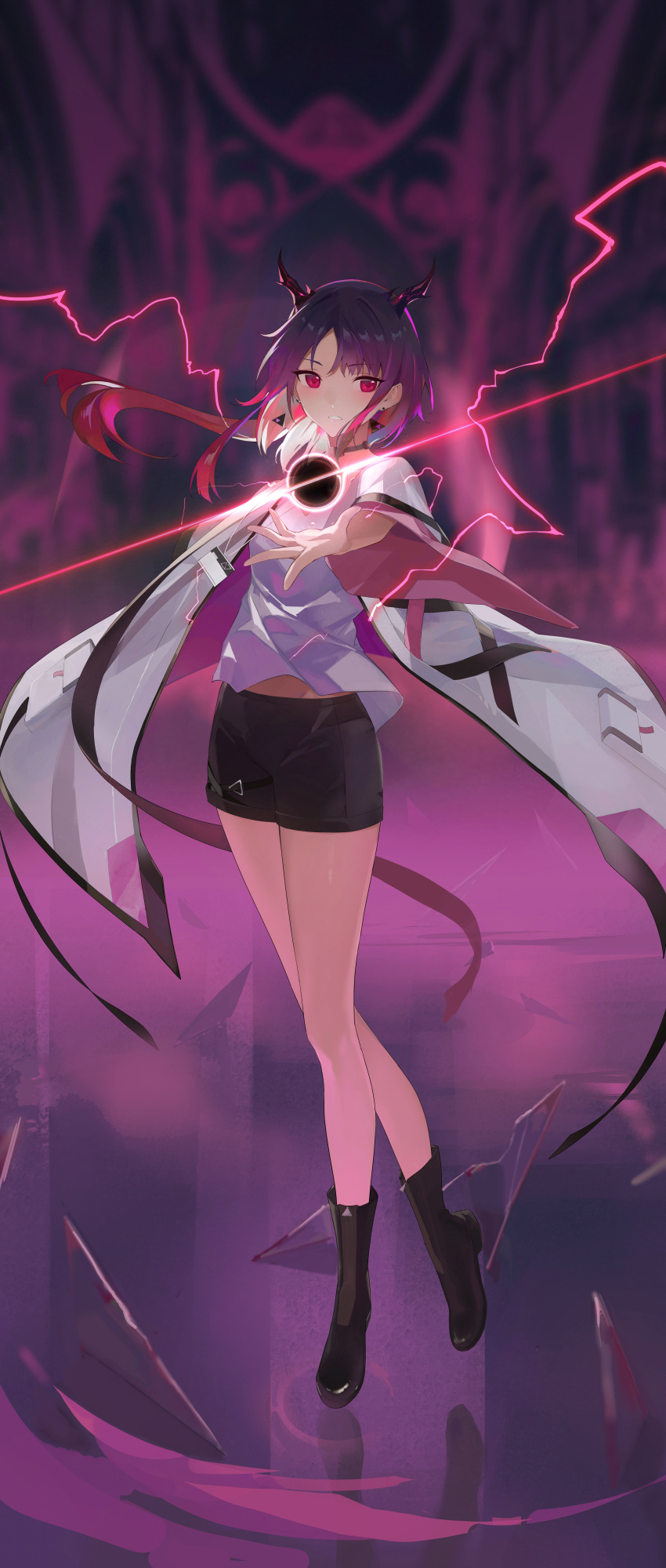 1girl absurdres black_shorts boots coat earrings electricity frown full_body highres horns jewelry long_sleeves milim_nova orb original parted_lips purple_hair red_eyes shirt short_shorts shorts solo white_coat white_shirt