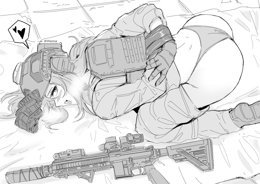 1girl arms_behind_back artist_request character_request clothes_pull combat_helmet commentary_request english_commentary full_body gloves gun heart helmet highres long_hair looking_at_viewer looking_to_the_side military_uniform monochrome on_bed open_mouth panties pants pants_pull restrained shoes smile solo spoken_heart suppressor tongue twitter_username underwear uniform weapon