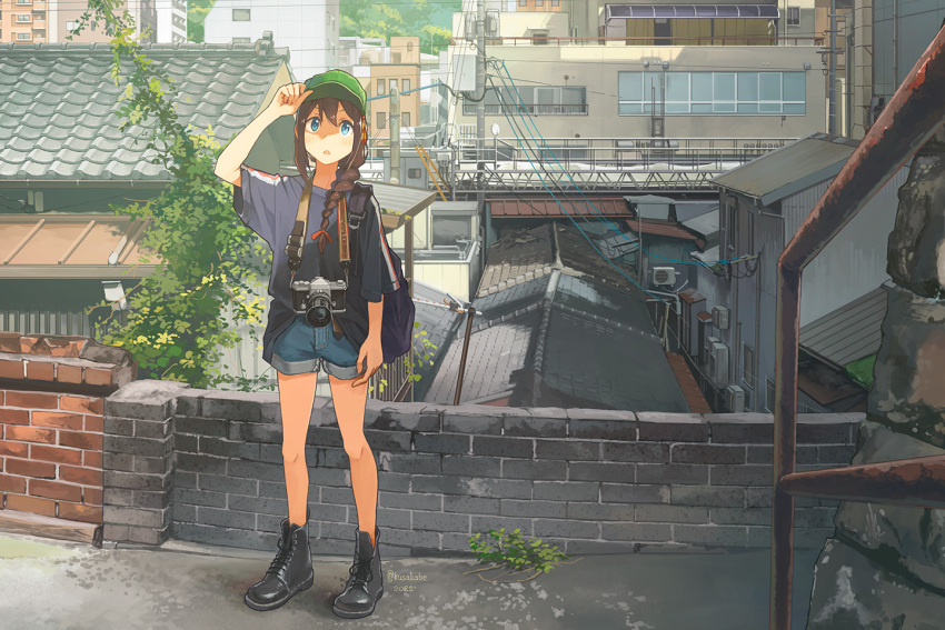 1girl black_footwear black_shirt blue_eyes blue_shorts blush boots braid brown_hair building camera camera_around_neck full_body green_headwear hair_between_eyes hat kantai_collection kusakabe_(kusakabeworks) long_hair open_mouth outdoors shigure_(kancolle) shirt short_shorts short_sleeves shorts single_braid solo standing tree