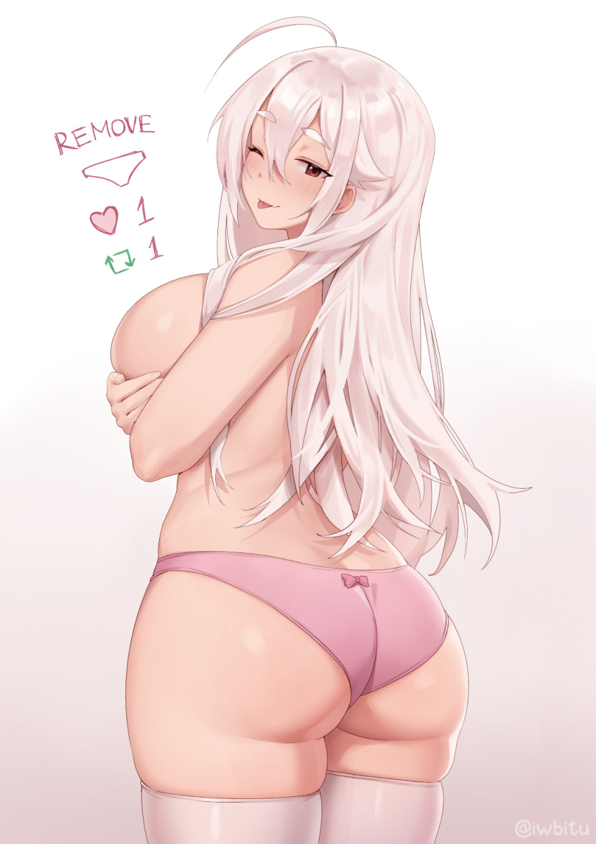 1girl ;p ass breasts from_behind gradient_background highres iwbitu large_breasts long_hair looking_at_viewer looking_back meme nyopu one_eye_closed original panties pink_panties red_eyes simple_background smile solo thighhighs thighs tongue tongue_out topless twitter_strip_game_(meme) underwear white_hair white_thighhighs