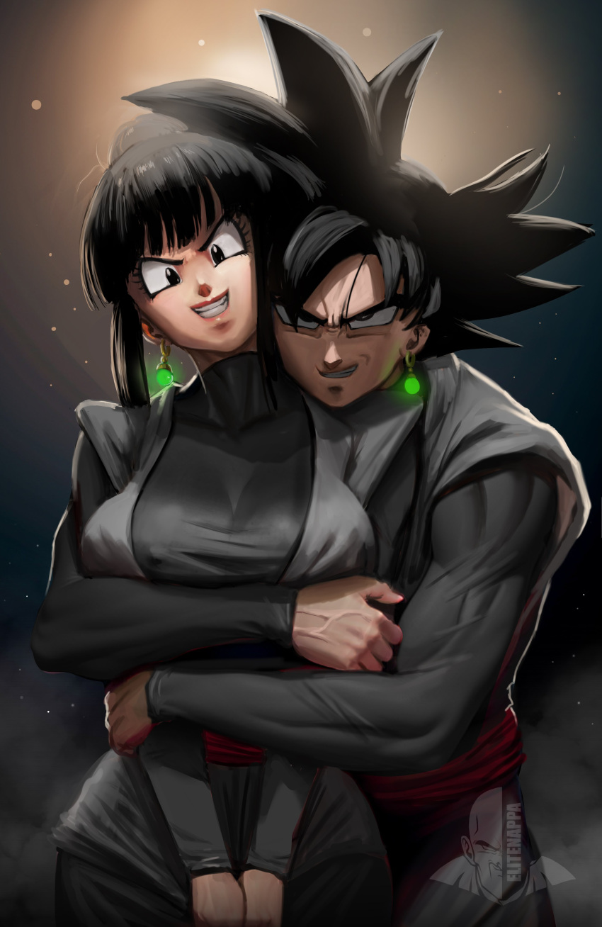 1boy 1girl absurdres alternate_universe black_eyes black_hair blunt_bangs breasts chi-chi_(dragon_ball) dragon_ball dragon_ball_super earrings elite_nappa evil_grin evil_smile goku_black grin hetero highres hug hug_from_behind jewelry large_breasts long_sleeves looking_at_viewer muscular muscular_male potara_earrings red_sash sash sidelocks smile spiked_hair