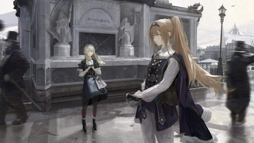 2girls architecture building dress grey_hair hat headband high_ponytail highres lamppost light_brown_hair long_hair looking_at_viewer looking_to_the_side multiple_girls original outdoors paindude pantyhose standing statue top_hat