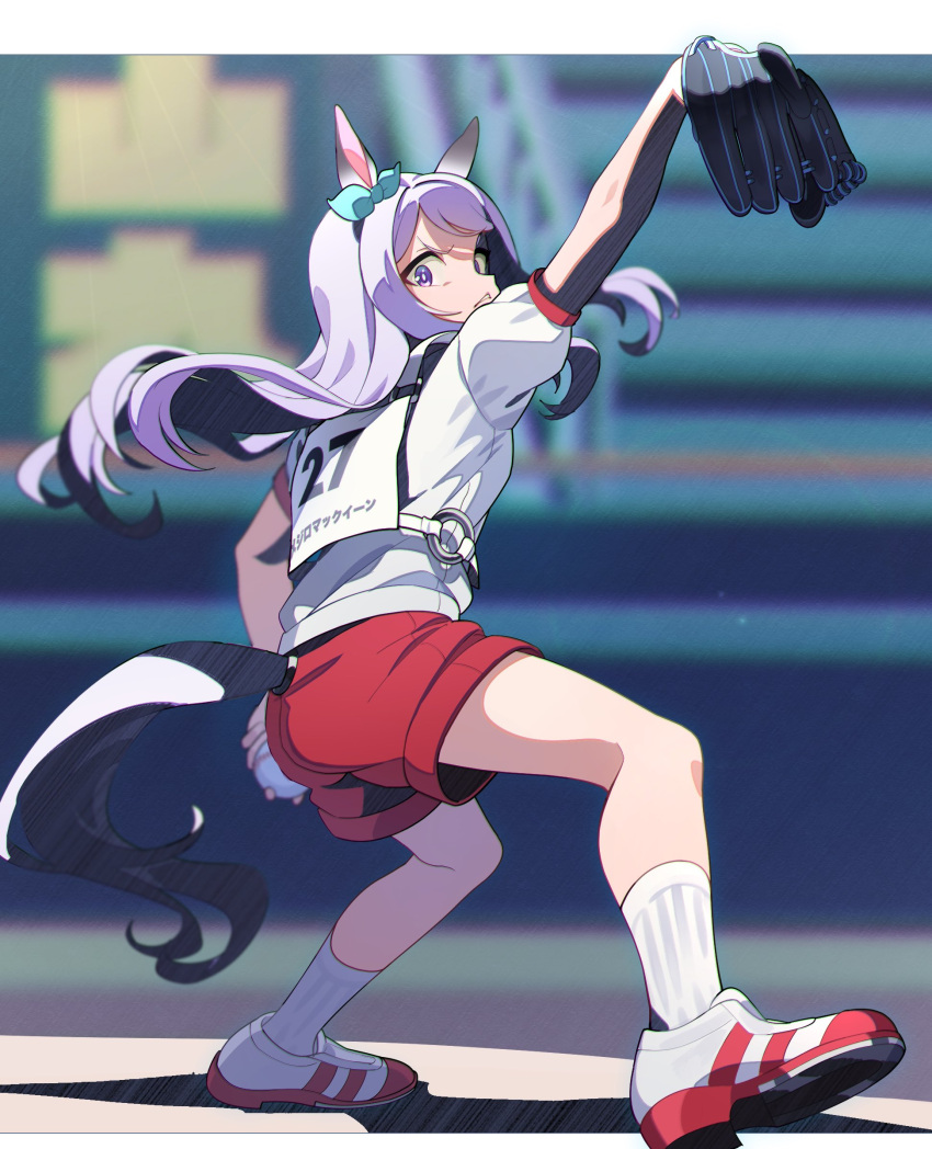 1girl animal_ears ball baseball baseball_mitt clenched_teeth commentary_request hair_ornament highres holding holding_ball horse_ears horse_girl horse_tail leg_up long_hair mejiro_mcqueen_(umamusume) nishiki_kazue pitching purple_hair shorts socks solo tail teeth umamusume white_socks