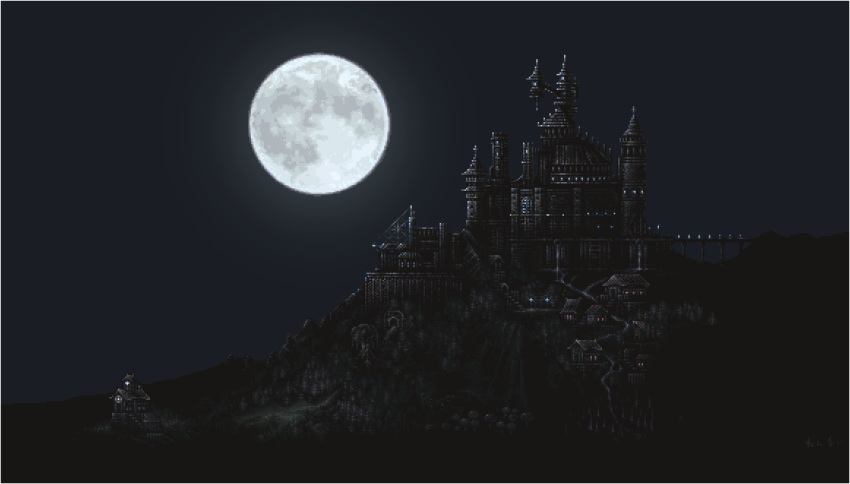 bridge building castle clear_sky commentary_request dark eencya forest full_moon hill moon nature night no_humans outdoors pixel_art scenery sinisistar sky