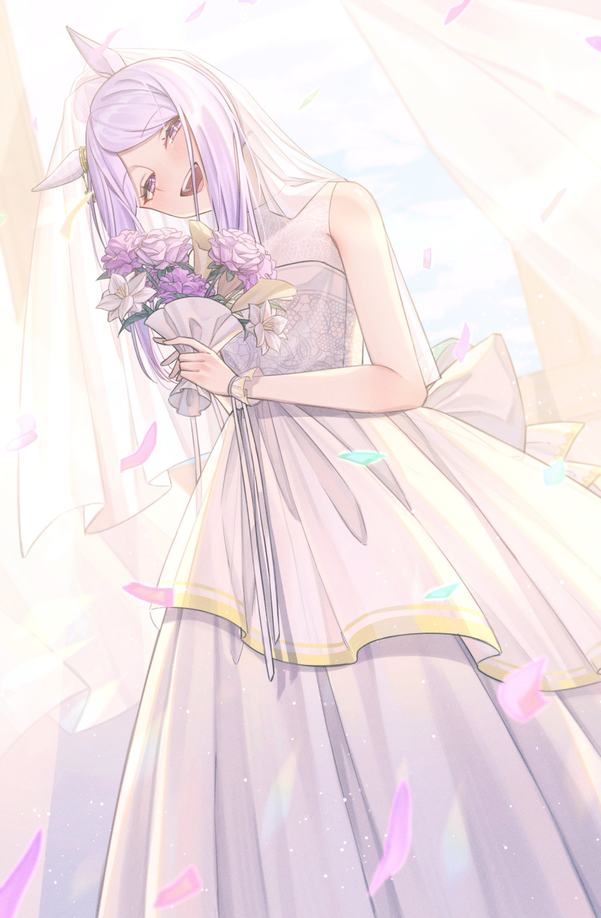 1girl absurdres alternate_costume bare_shoulders bouquet breasts bridal_veil commentary curtains dress ear_covers feet_out_of_frame gloves half-closed_eyes head_tilt highres holding holding_bouquet indoors isana615 long_hair mejiro_mcqueen_(umamusume) open_mouth petals purple_eyes purple_hair sleeveless sleeveless_dress small_breasts smile solo standing umamusume veil wedding_dress white_dress white_gloves window