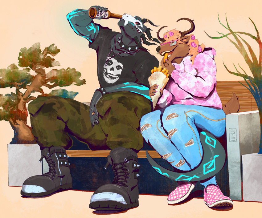 2023 alcohol anthro argonian beer beer_bottle bench bethesda_softworks beverage black_body black_boots black_clothing black_footwear boots bottle bottomwear brown_body brown_fur camo camo_bottomwear camo_clothing camo_pants camo_print clothing collar container dee_(deeliciousart) deer denim denim_clothing digital_media_(artwork) drinking_beer duo eating footwear french_fry fur graphic_tee hi_res holding_beer jeans male mammal outside pants park_bench pattern_bottomwear pattern_clothing pattern_pants pink_clothing pink_sneakers pink_topwear pinkgirlpen qeth-wyrm scalie shoes sneakers spiked_collar spikes the_elder_scrolls topwear torn_bottomwear torn_clothing torn_jeans torn_pants